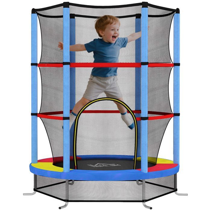 Cama elástica infantil - HOMCOM - Ø 1,40 x 1,90 m (alto) - red de seguridad, puerta con cremallera, 6 postes acolchados, capacidad de carga de 45 kg - multicolor