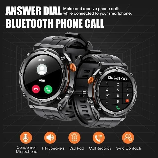 Smartwatch da uomo in stile militare - Impermeabile fino a 5 ATM, chiamate e SMS in HD, monitoraggio intelligente del sonno, fitness tracker