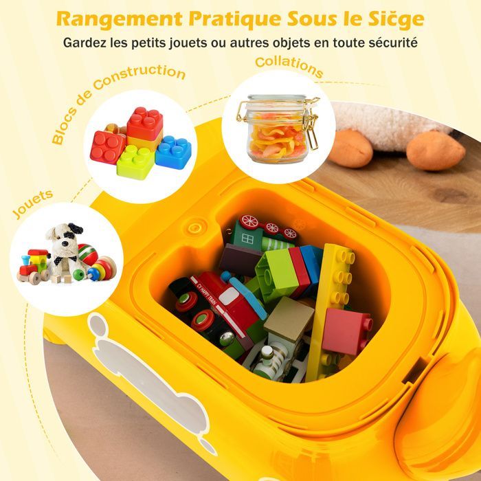 GIANTEX Porteur Enfant Voiture, 18 Mois +, Klaxon, Musique, Lumières, 4 Roulettes, Rangement sous Siège, 52x23,5x38 cm, Jaune