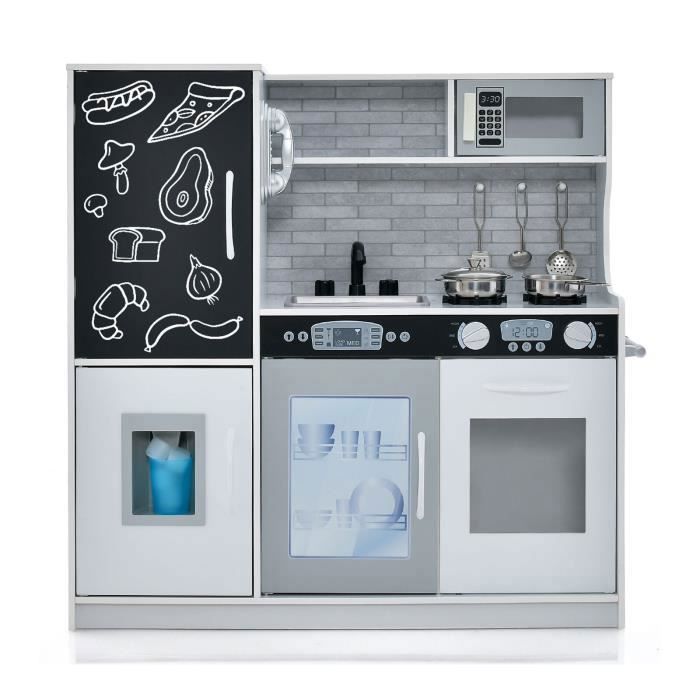 Cocina de madera infantil COSTWAY para niños de 3 a 6 años con teléfono, pizarra, microondas, máquina de hielo y 7 accesorios - Gris