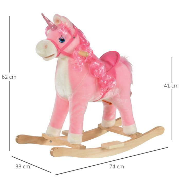 Cheval à Bascule HOMCOM modèle Licorne avec Sons Authentiques Selle Grand Confort Bois de peuplier Rose dim. L74 x l33 x 62H cm