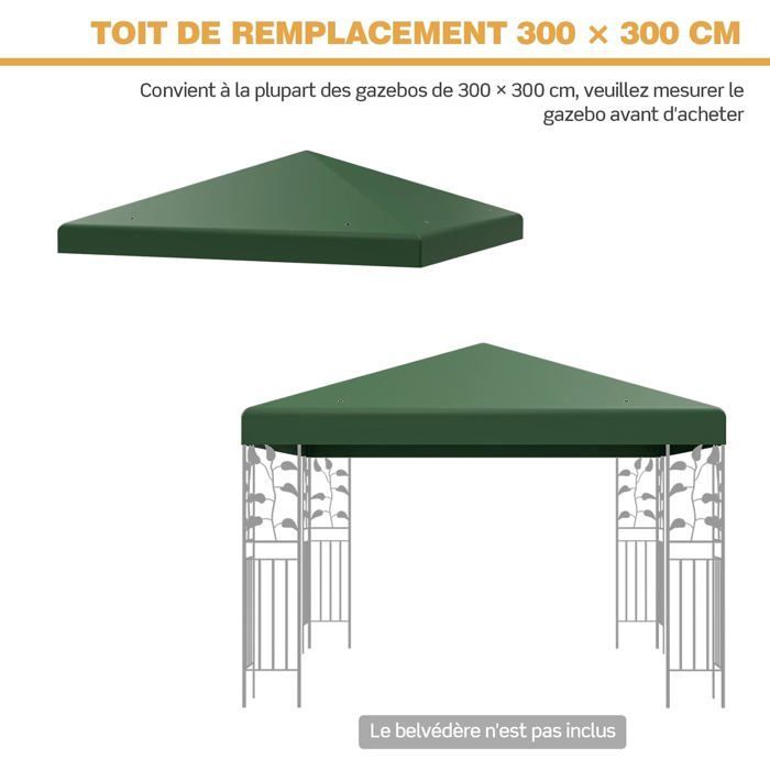 Toldo de repuesto COSTWAY para cenador, 3 m x 3 m, poliéster impermeable con orificios de drenaje y cierres de velcro, color verde.