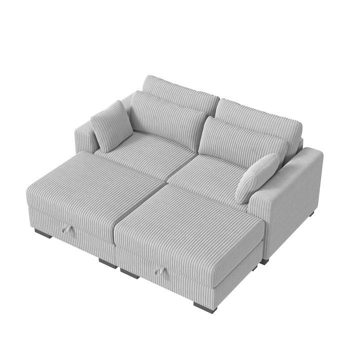 Sofá esquinero convertible de 3 plazas en pana gris. Sillón esquinero reversible con compartimento de almacenamiento y cama modular.