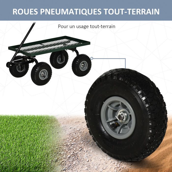 Carro de transporte para jardín - Outsunny - remolque de mano, carro de mano de 4 ruedas, capacidad de carga de 150 kg - metal - 94x48x100cm - verde