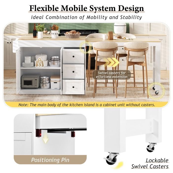 Extendable kitchen island on casters 112-186×45×93 cm Dining table with worktop, 2 doors, 3 drawers - white