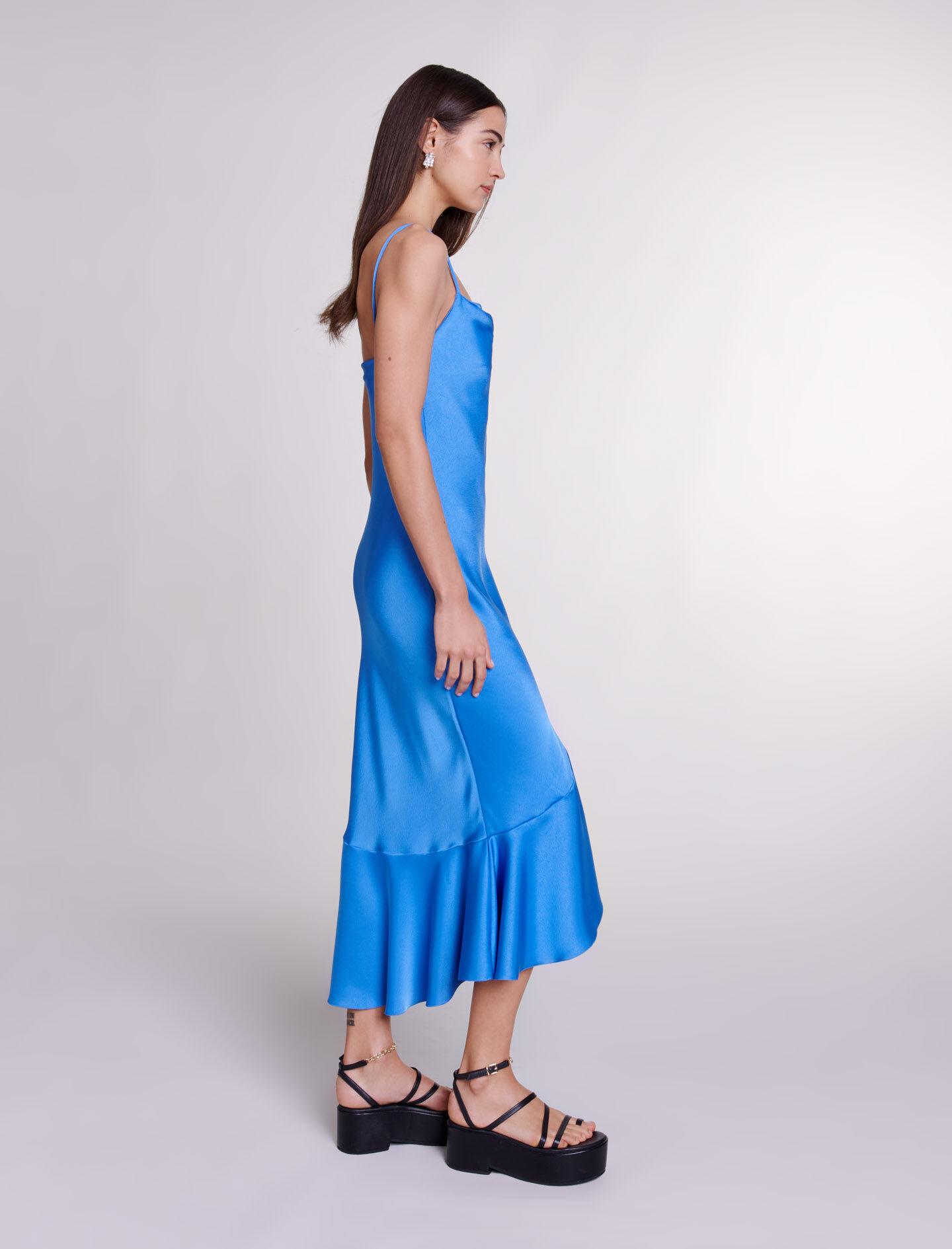 Rochie lungă asimetrică din satin - Albastră
