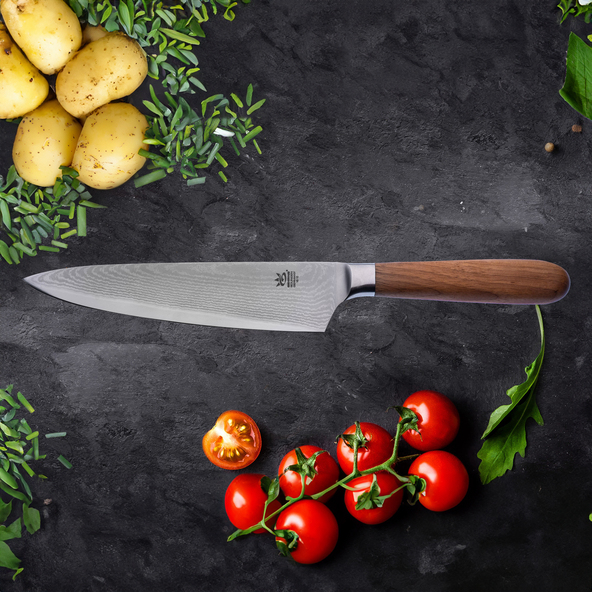 Damascus steel chef's knife, walnut handle, 20 cm