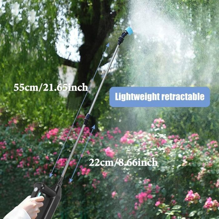 Pulverizador eléctrico para jardín con lanza telescópica, 3 boquillas y manguera de 8 m para riego.