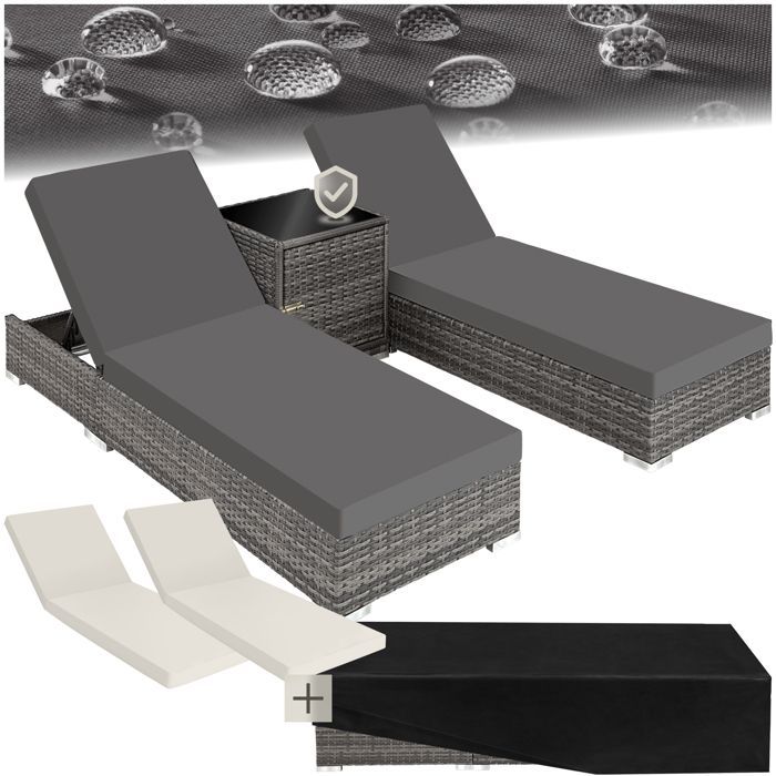 Tumbona - TECTAKE - Juego de 2 tumbonas RIVAGE con mesa, estilo contemporáneo, en aluminio y ratán 184 x 60 x 21 cm - Gris