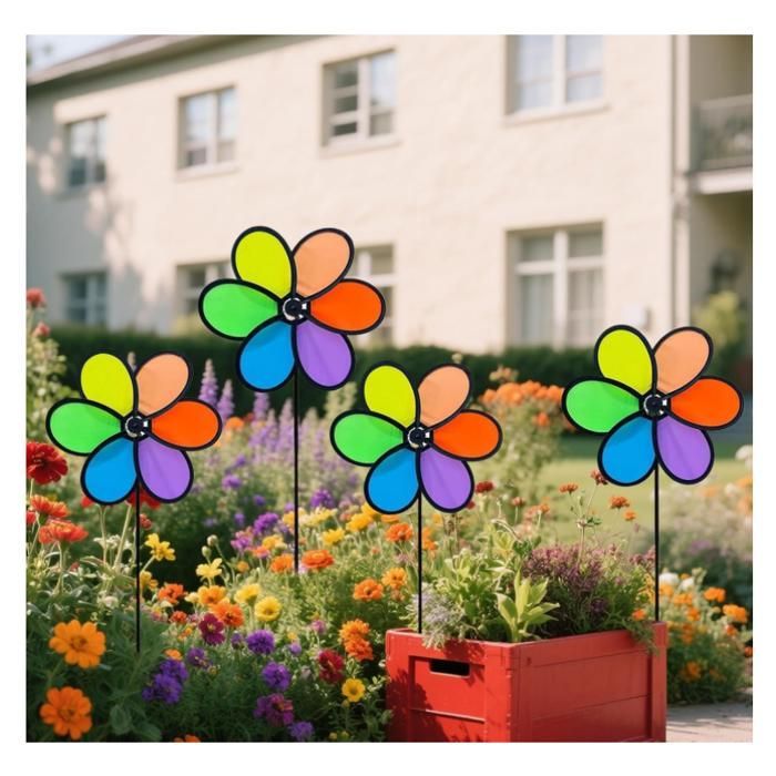 Set of 4 Windmills for Garden and Outdoor Decoration Accessories - Rainbow, Lawn, Playground, Balcony, Yard, Terrace