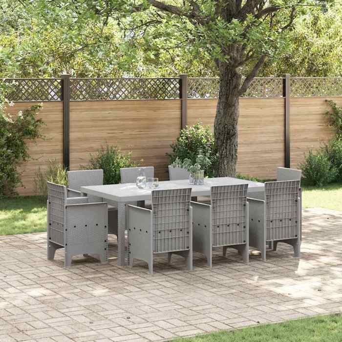 Conjunto de comedor de jardín - BURKE - Gris claro - Poliratán - Acabado mate - Capacidad para 8 personas - 200x100x73 cm