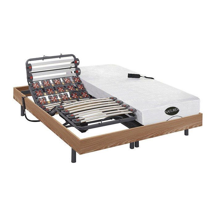 Cama eléctrica de relajación con somier de láminas y muelles + colchón de espuma viscoelástica y bambú - 2 x 80 x 200 cm - Roble - DAMYSOS by NATUREA