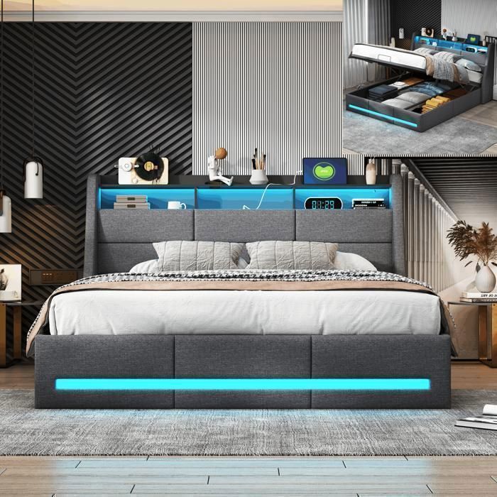 Lit coffre 140x190 - SUNFECILI - Gris foncé - Avec sommier - LED et USB - 2 places