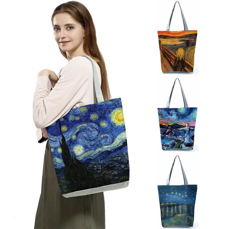 Borsa a mano blu stile retrò con dipinto ad olio 