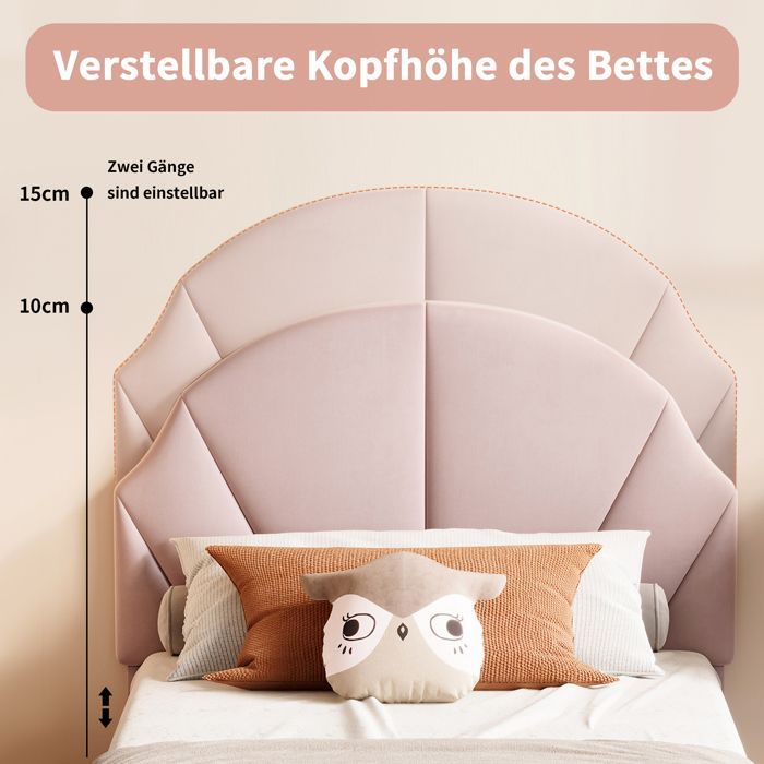 Lit fille 90x200cm, lit enfant, lit simple rembourré, tête de lit réglable en hauteur, cadre de lit avec sommier, velours rose