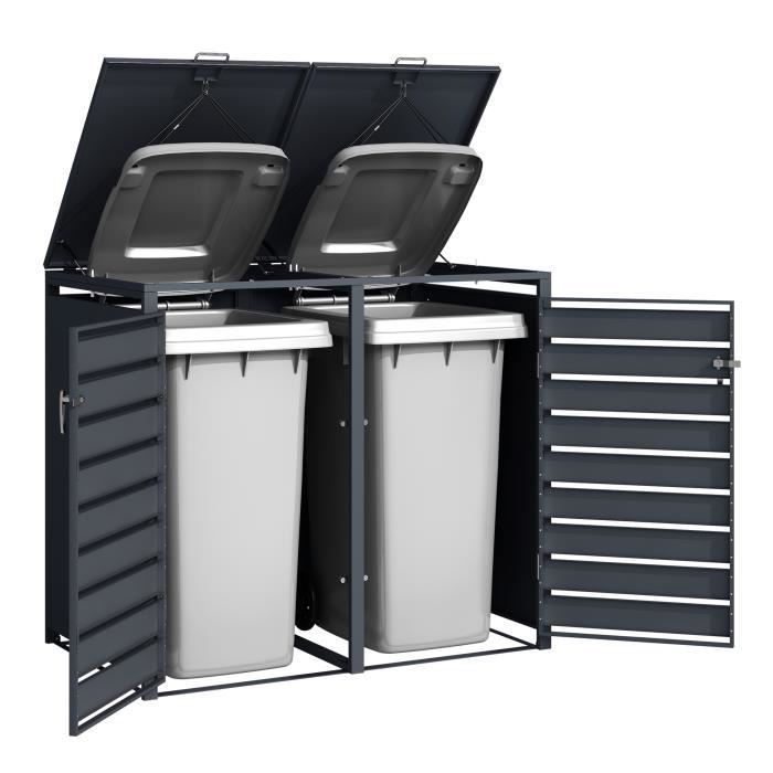 Cache Poubelle Métallique Anthracite/Aspect Bois - AXI Lucas - Abri pour 2 conteneurs - Max. 240L