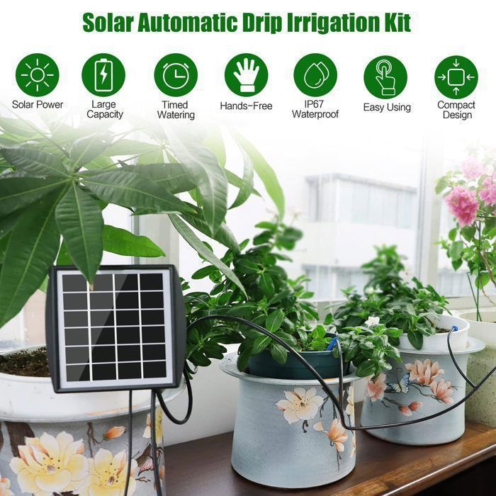 KENLUMO Solar Powered Automatic Drip Irrigation Kit - 15m Hose for Garden