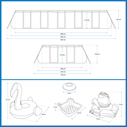 Bestway Πακέτο Ορθογώνιας Πισίνας 640x274x132 cm με Αξεσουάρ Πισίνας και Καθαριστικό Πισίνας