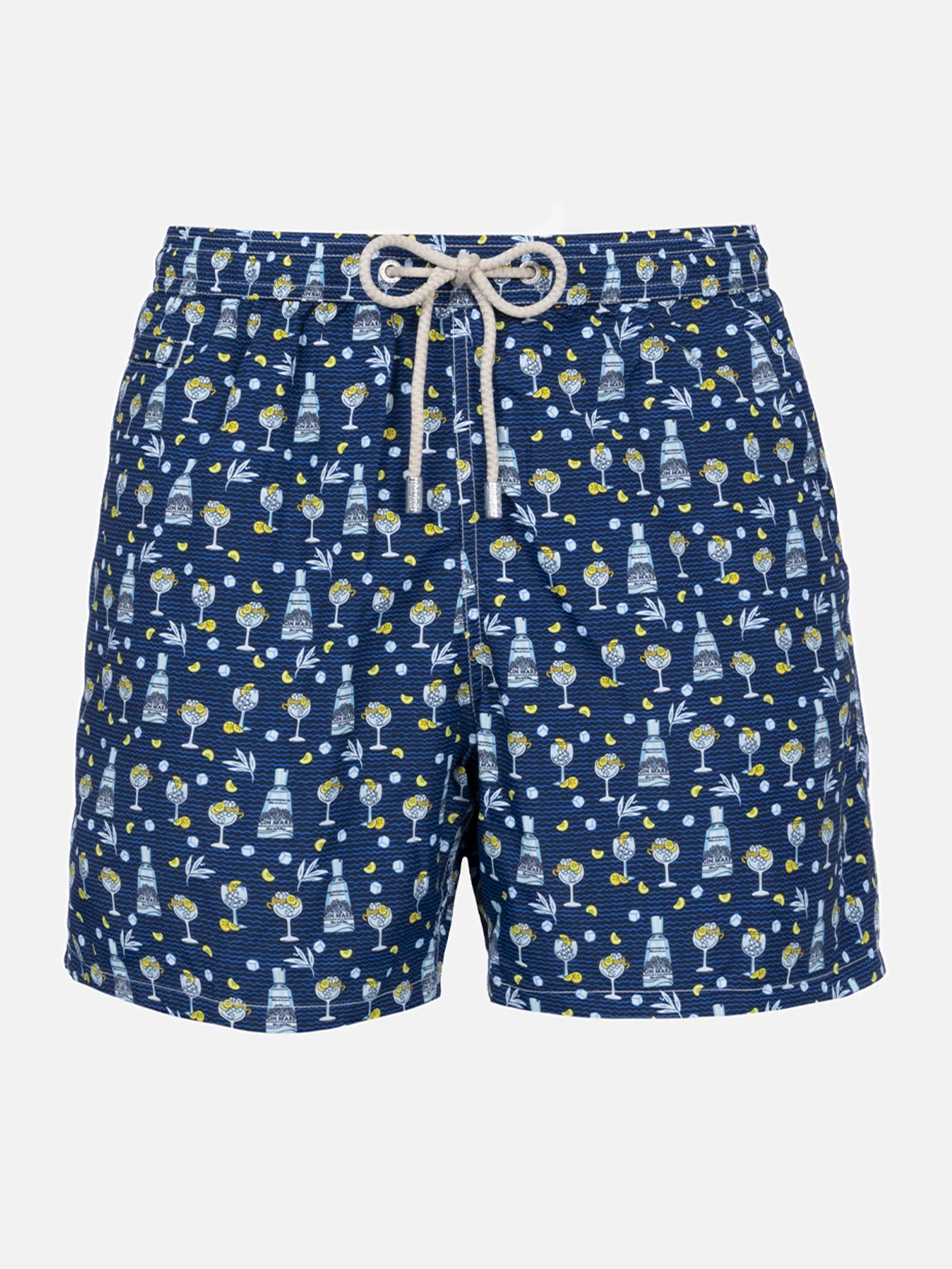Man Lighting Mid-Length Swim Shorts – Quick-Drying, Gin Mare All-Over Print, Recycled Polyester & Adjustable Drawcord | MC2 Saint Barth