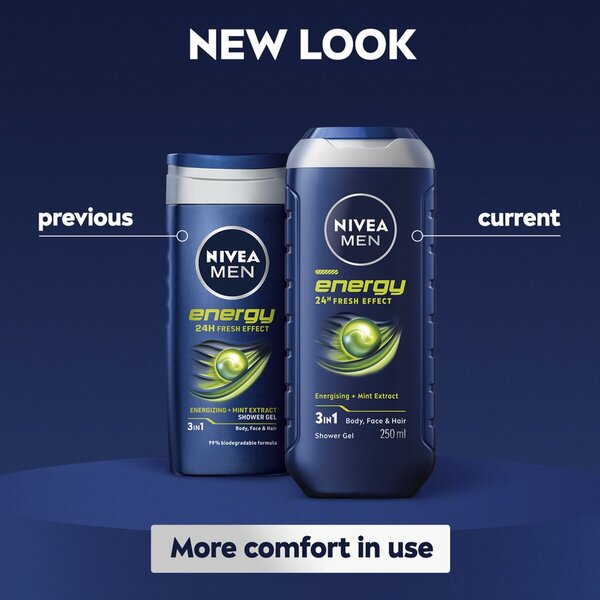 NIVEA Men Energy Gel de duș 3 în 1 cu efect de prospețime 24H<br>250ml - Ten normal