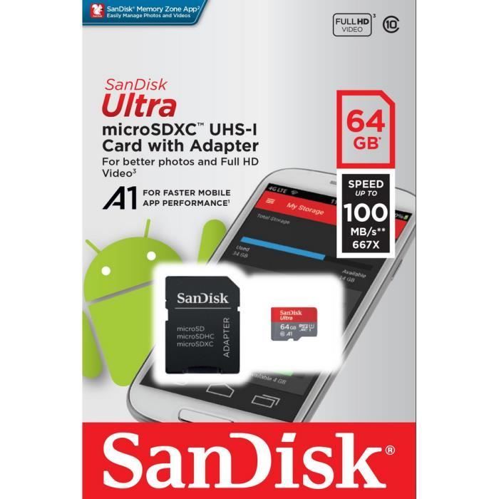 Memory Card - SanDisk - Ultra 64GB - SD Adapter - 100MB/s Read Speed - Class 10, U1, A1