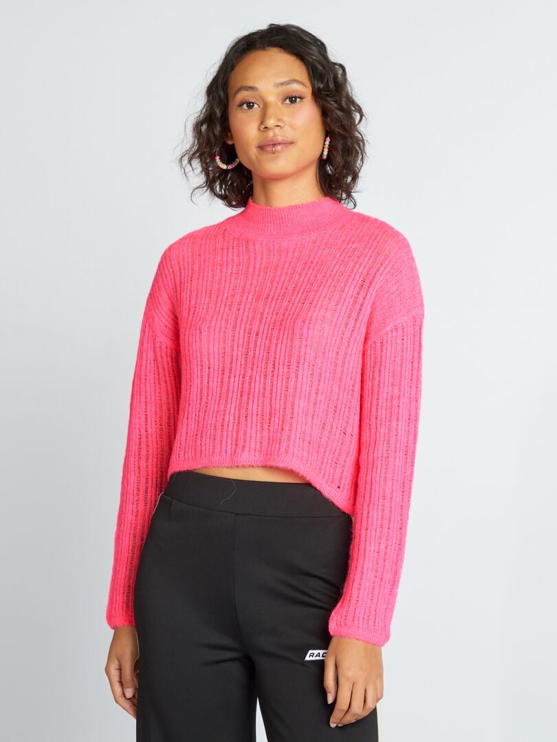 Gebreide crop top trui - ROZE