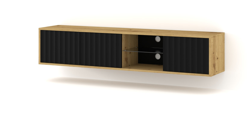 Szafka RTV VINA 156 cm wisząca frezowana dąb artisan/ czarny
