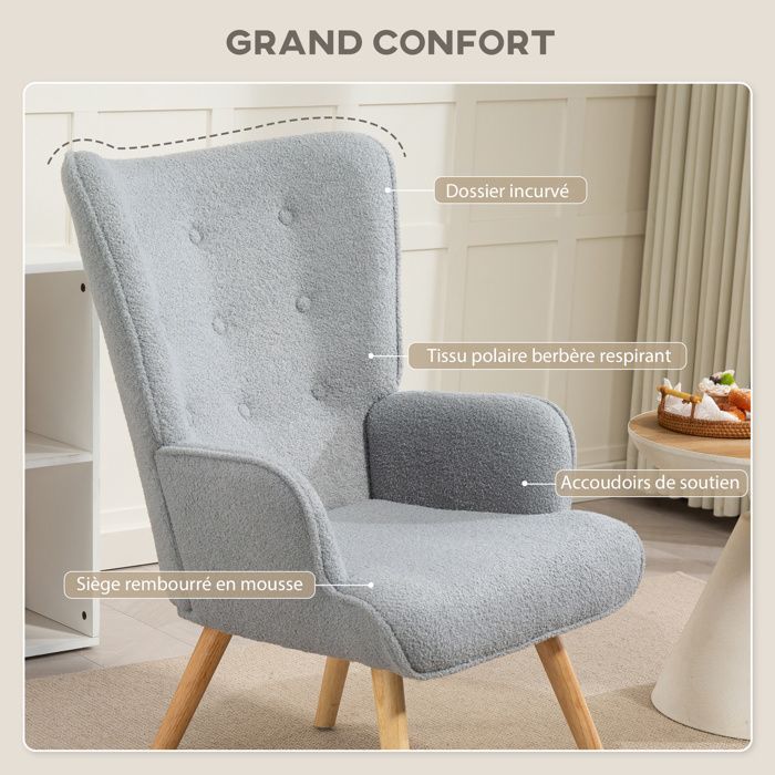 Fauteuil de salon - HOMCOM - pieds en bois, accoudoirs et dossier ergonomique - tissu bouclette - 71 x 74 x 96 cm - gris clair