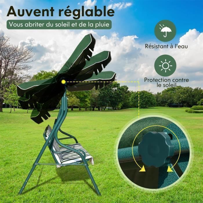 Columpio de jardín independiente para 3 personas COSTWAY con toldo impermeable ajustable para jardín y patio, carga máxima 210 kg - Verde
