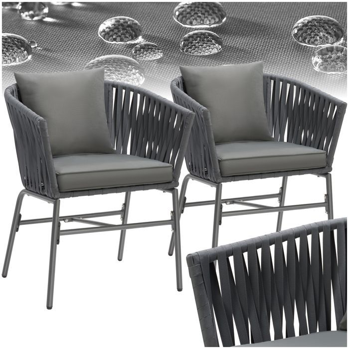 Sedie da giardino - TECTAKE - Set di 2 sedie VALEIRAS con effetto corda intrecciata e rivestimenti sfoderabili, 60 x 61 x 77 cm - Grigio