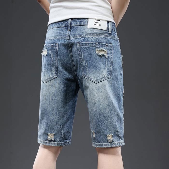 Men's Summer Ripped Denim Shorts Slim Fit Casual Summer Bermuda Shorts - Blue
