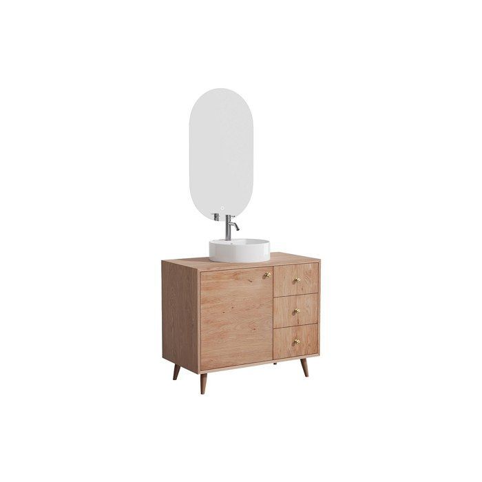 Solid oak bathroom vanity unit with round countertop basin, mirror and tap - Light natural - 93 cm - ZARENO