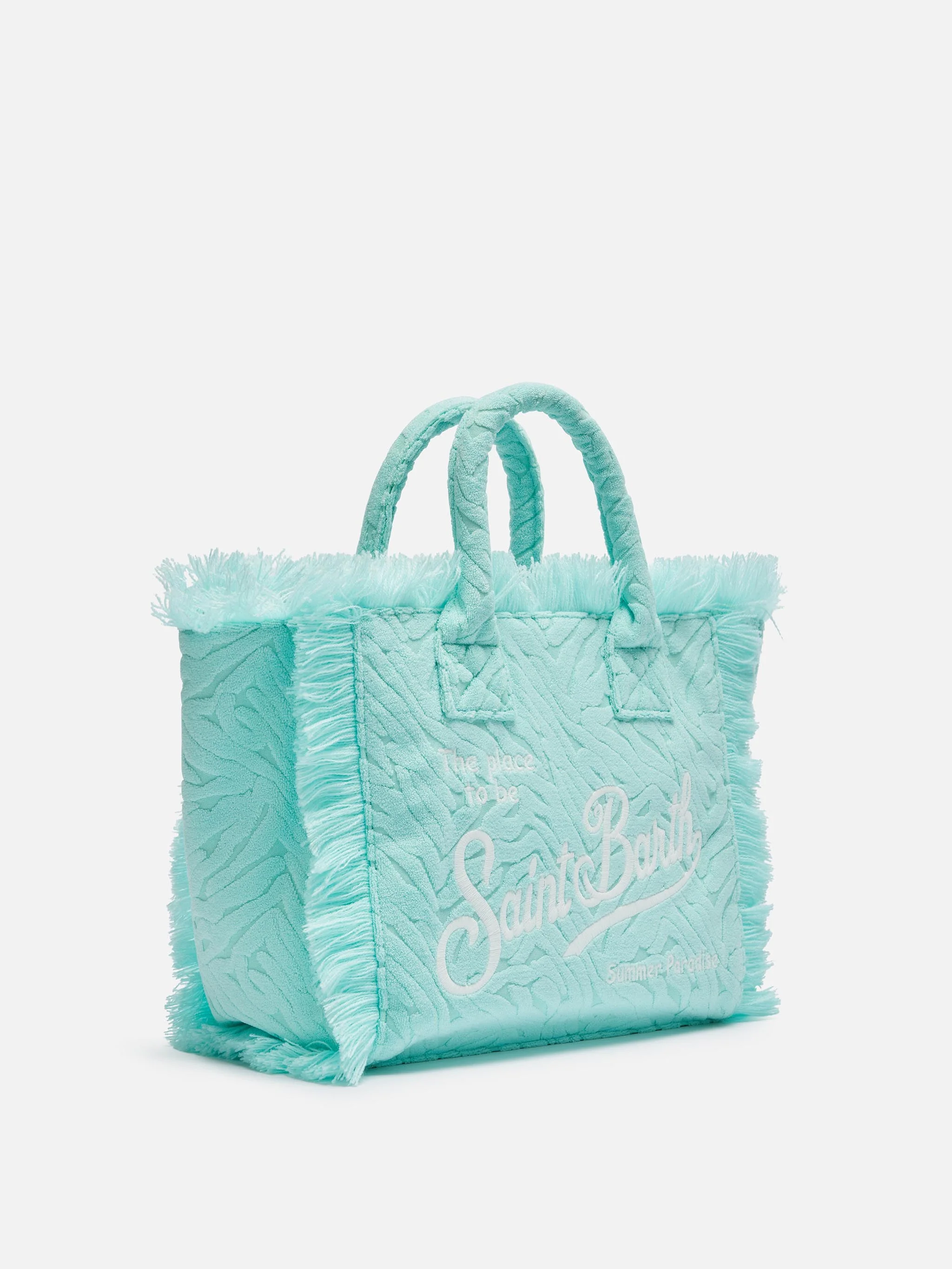 Colette-tas van turquoise badstof met reliëf zebraprint.