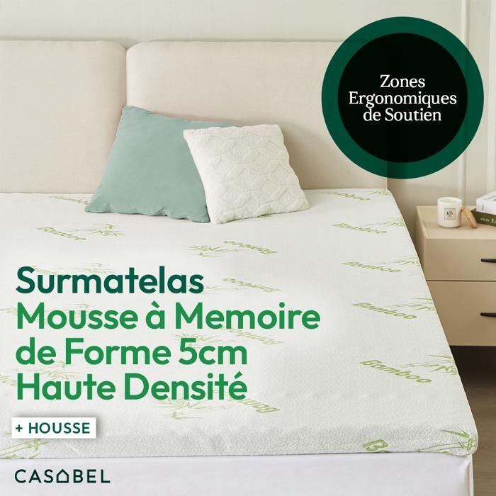 Cubrecolchón CASABEL de 140x190 cm, espuma viscoelástica de 5 cm + funda de bambú - Zonas ergonómicas - Para colchón de cama doble