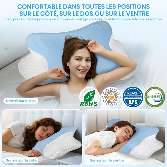 Almohada cervical ergonómica, almohada de cuello de espuma viscoelástica con funda de seda helada, 62 x 37,3 x 14,4/9 cm, azul.