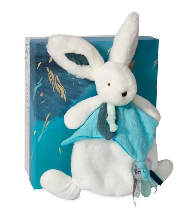 Doudou et Compagnie - Doudou Lapin -25 cm - Blanc/Bleu Paon - Lapin Pompon Paon - Idée Cadeau - Happy Pop - Happy Doudou To You