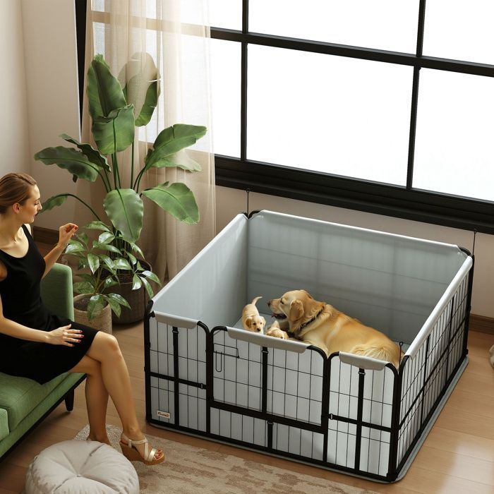 Parc de mise bas pour chien - PawHut - avec porte verrouillable - tapis de propreté lavable - en acier - 122 x 122 x 60 cm - noir