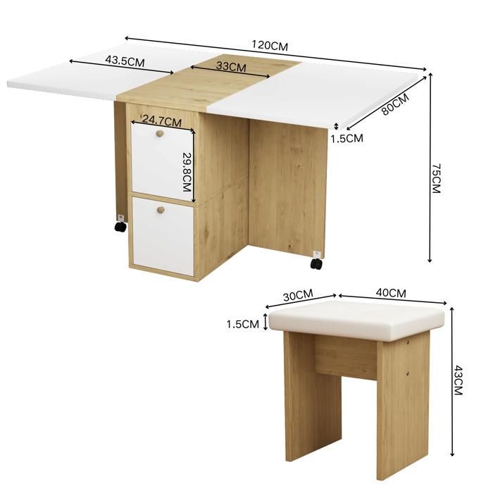 Set composto da tavolo da pranzo e 4 sedie – Bianco e rovere – Tavolo allungabile/pieghevole 120x80 cm – Design moderno – Multifunzionale