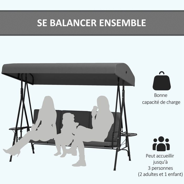 Garden swing - Outsunny - 3-seater - adjustable roof tilt - 2 side tables, cushions - steel - dark grey