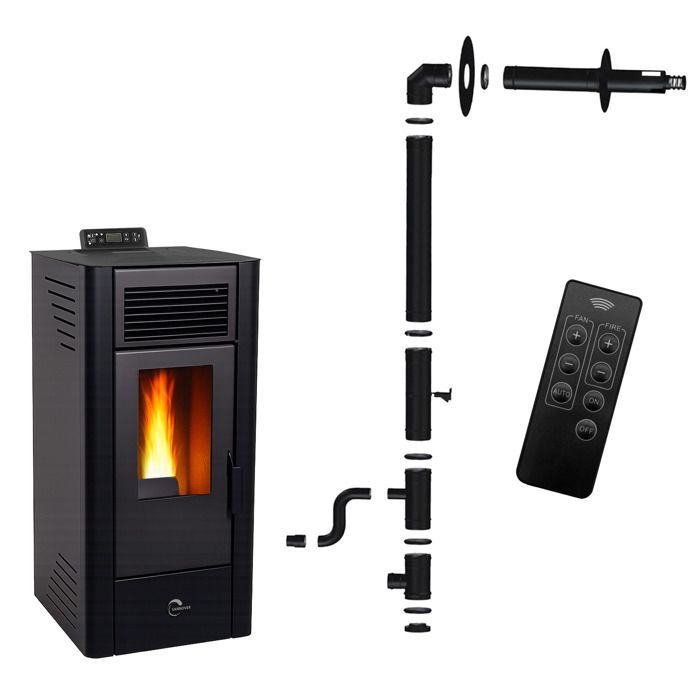 Stufa a pellet Sannover Anita da 11,6 kW, nera, con camera di combustione sigillata e kit di installazione.