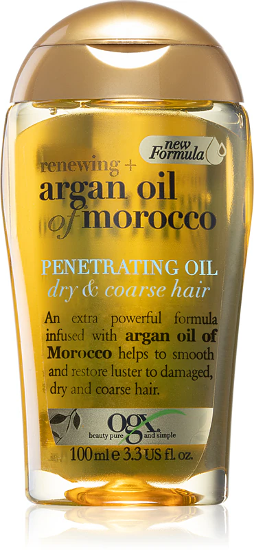 Óleo nutritivo de argan do Marrocos OGX para cabelos secos e difíceis de pentear.