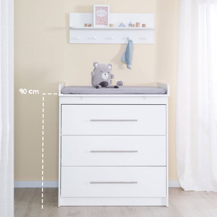 Commode à Langer Étroit ROBA Maren - 3 Tiroirs - Poignées en Métal - Blanc