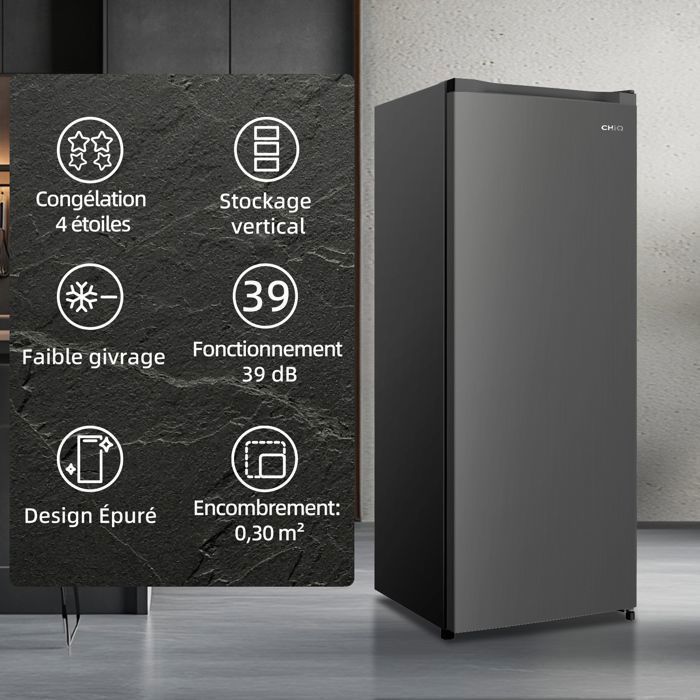 CHiQ Upright Freezer CSD208D4E 177L, 4-Shelf Freezer, 39 dB, Black Steel Design, Adjustable Feet, Reversible Door