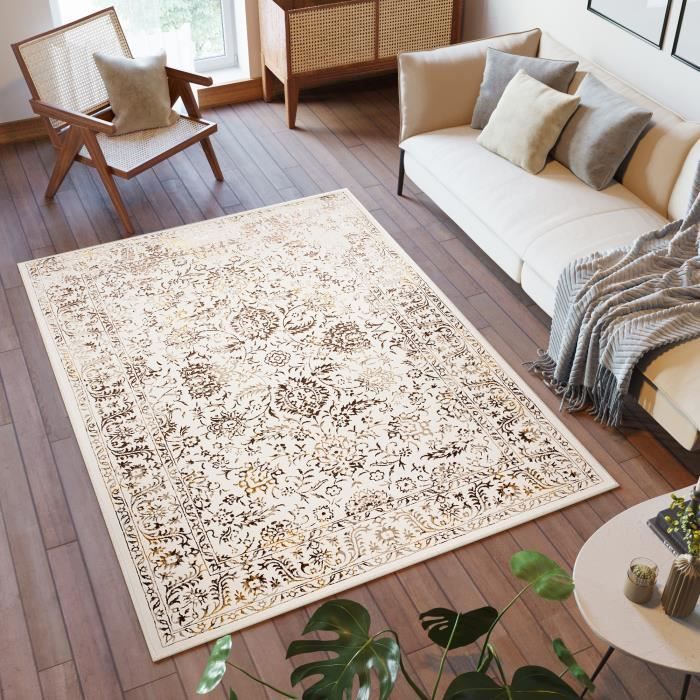 TAPISO Tapis de Salon Chambre GOLDEN Doré Marron Beige Ornemental Polypropylène Intérieur 160x230 cm