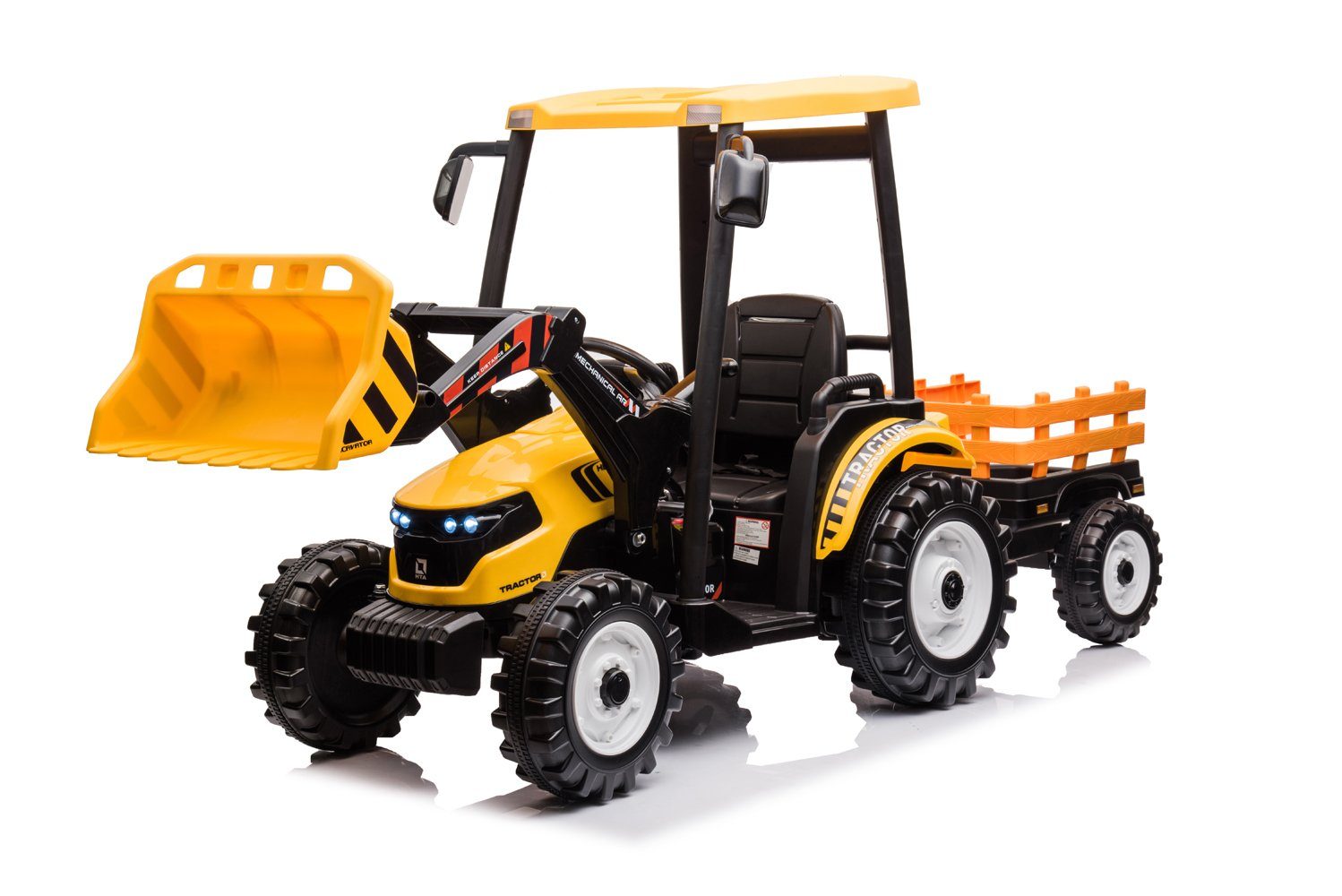 Kidix elektrisches Kinderauto, elektrischer Kindertraktor mit Schaufel, 2x120W 12V/10Ah Anhänger
