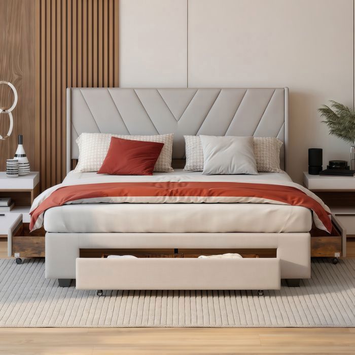 Lit adulte 140x190 cm - COZY - lit 140x190 cm - cadre de lit double 140x190 cm - sommier - tissu en lin - beige