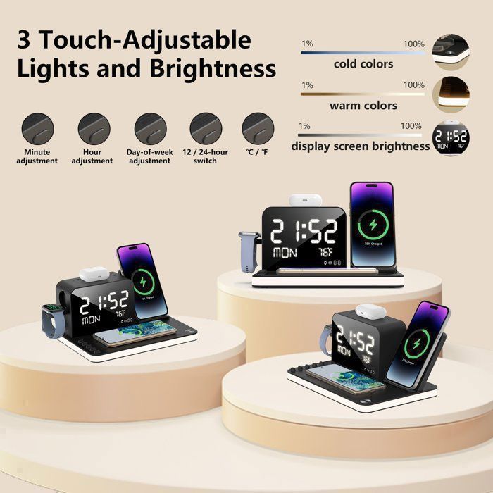 Cargador inalámbrico 7 en 1: estación de carga, reloj, luz nocturna, cargador inalámbrico para iPhone, AirPods, Apple Watch, Samsung y Android.