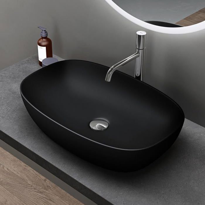 Lavabo de encimera doporro, negro mate, 60x39,5x14 cm, lavabo ovalado de cerámica con revestimiento NANO Easy Clean, Brüssel104
