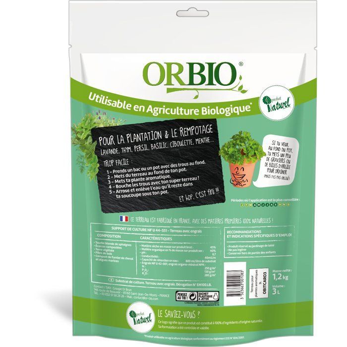 Aromatische potgrond voor planten - ORBIO - 3 L - Speciaal aromatisch substraat - Geoptimaliseerde drainage