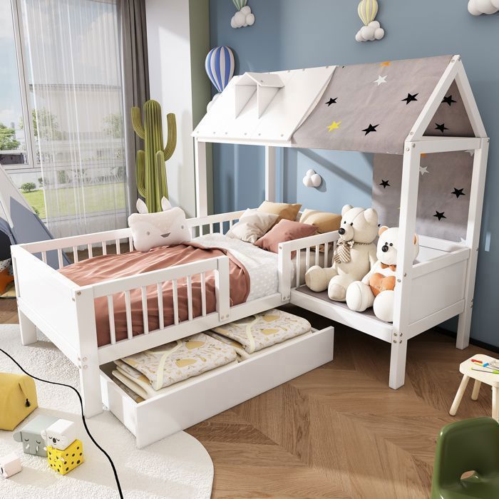 Feuille épaissie Lit d'enfant en bois en forme de maison, lit simple, multifonctionnel, avec toile de tente & coussins, tiroirs en